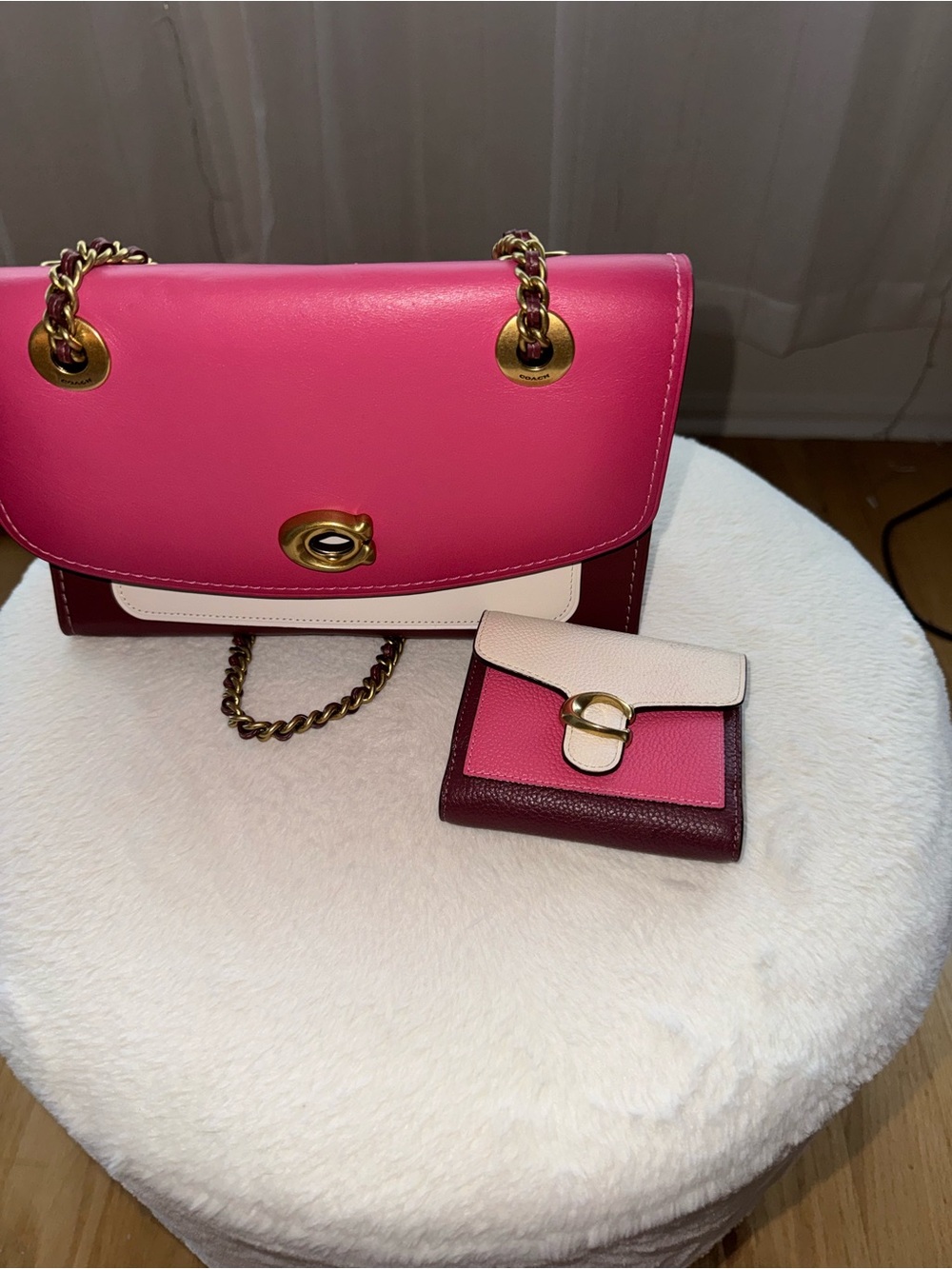 Leather Crossbody Bag and Wallet Set - Pink, Cream, Burgundy